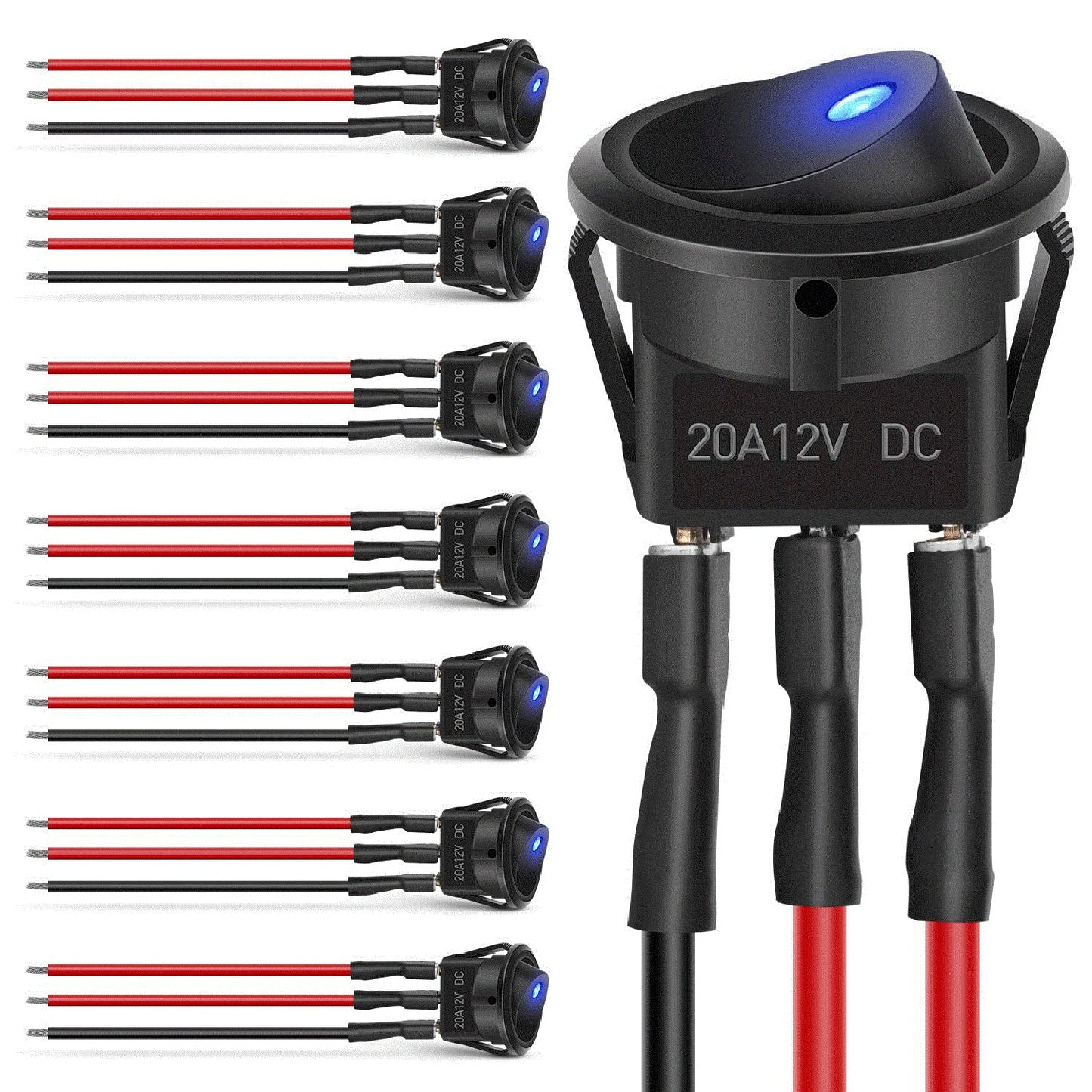 Waywe 8PCS 12V 20A Round Blue Toggle LED Rocker Switch On-Off Control SPST 3Pins Switches with 24PCS Wires for Car Truck Boat Marine Off-Road Vehicle