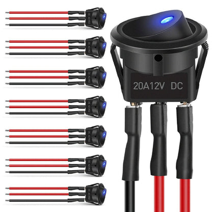 Waywe 8PCS 12V 20A Round Blue Toggle LED Rocker Switch On-Off Control SPST 3Pins Switches with 24PCS Wires for Car Truck Boat Marine Off-Road Vehicle