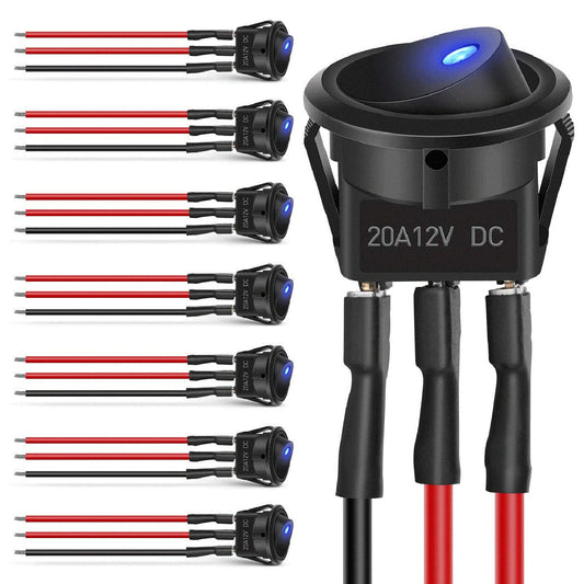 Waywe 8PCS 12V 20A Round Blue Toggle LED Rocker Switch On-Off Control SPST 3Pins Switches with 24PCS Wires for Car Truck Boat Marine Off-Road Vehicle