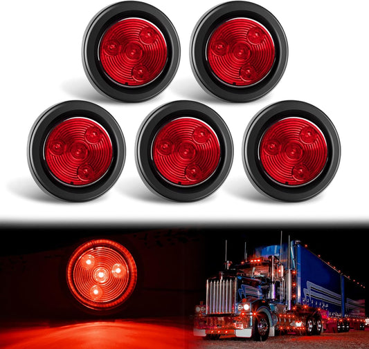 Waywe 2Inch Round Side Marker Light 5PCS Red 4LED Front Rear Clearance Indicator Lights Flush Mount with Plug Grommet Pigtail Hardwired for Truck Camper RV Boat Trailer