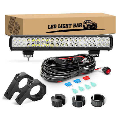 Waywe 20 Inch 126W Led Light Bar Spot Flood Combo Driving Lighting Mounting Bracket Horizontal Bar Tube Off Road Lights with 16AWG Wiring Harness for Truck Golf Cart ATV UTV Boat