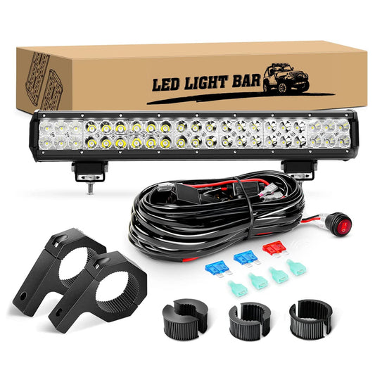 Waywe 20 Inch 126W Led Light Bar Spot Flood Combo Driving Lighting Mounting Bracket Horizontal Bar Tube Off Road Lights with 16AWG Wiring Harness for Truck Golf Cart ATV UTV Boat