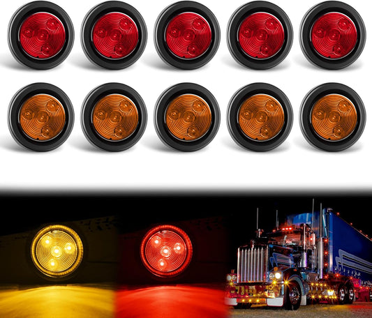 Waywe 2 Inch Round Side Marker Light 10PCS Red Amber 4LED Front Rear Clearance Indicator Lights Flush Mount with Plug Grommet Pigtail Hardwired for Truck Camper RV Boat
