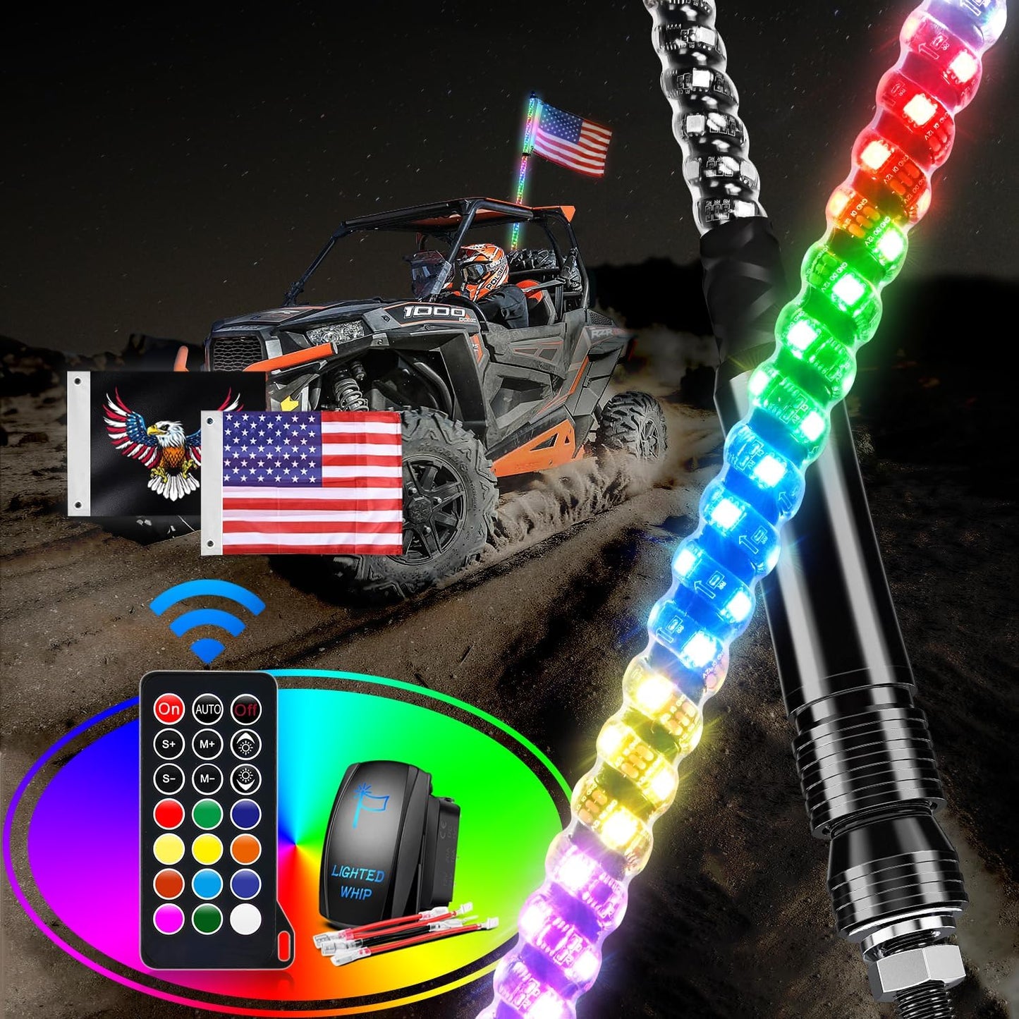 Waywe 1PC 3FT LED Whip Light Spiral RGB Chasing RF Remote Durable Lighted Antenna Whips w/Rocker Switch for UTV ATV Truck Sand Rail Buggy Dune RZR Can-am