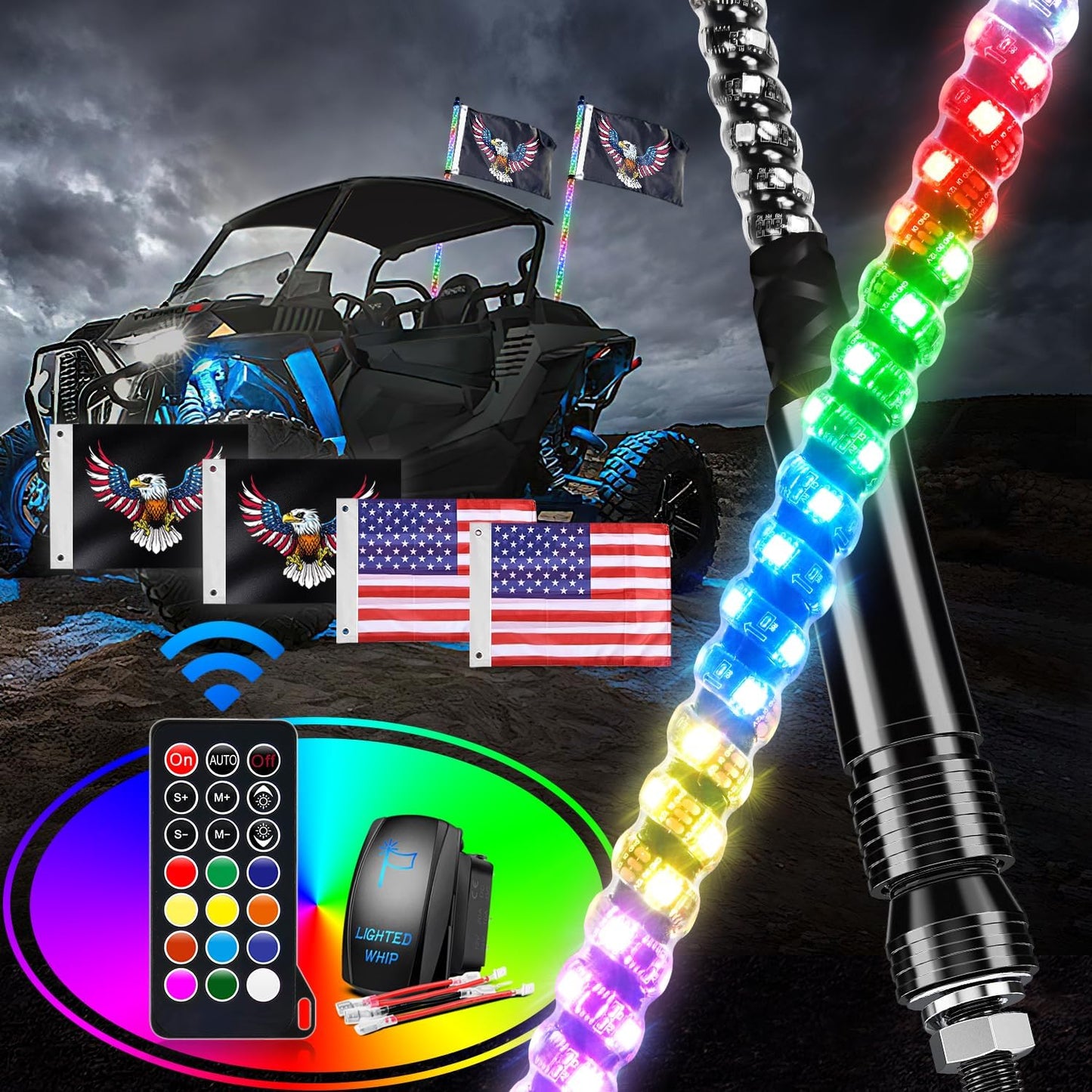 Waywe 2 PCS 6FT LED Whip Light Spiral RGB Chasing RF Remote Durable Lighted Antenna Whips w/ Rocker Switch for UTV ATV Truck Sand Rail Buggy Dune RZR Can-am
