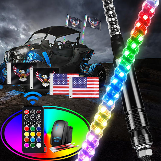 Waywe 2 PCS 6FT LED Whip Light Spiral RGB Chasing RF Remote Durable Lighted Antenna Whips w/ Rocker Switch for UTV ATV Truck Sand Rail Buggy Dune RZR Can-am
