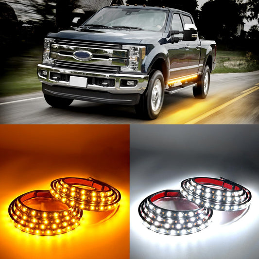 Waywe Truck Running Board Lights - 2PCS 60 Inch DRL LED Side Maker Light Kits for Extended and Crew Cab Trucks Pickup White Courtesy Amber Sequential Turn Signal Lighting Strips