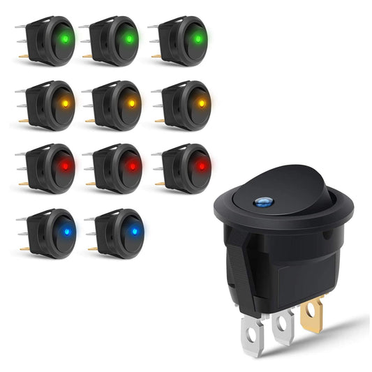 Waywe 12PCS Round Toggle LED Switch DC 12V 20A Rocker SPST Switch On Off Control Blue Green Yellow Red for Cars Trucks Boats RVs
