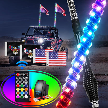 Waywe 2 PCS 3FT LED Whip Light with Spring Base Spiral RGB Chasing RF Remote Lighted Whips w/ Rocker Switch Antenna for UTV ATV Truck Sand Rail Buggy Dune RZR Can-am