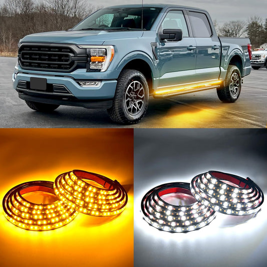 Waywe Truck Running Board Lights - 2PCS 70 Inch DRL LED Side Maker Light Kits for Extended and Crew Cab Trucks Pickup White Courtesy Amber Sequential Turn Signal Lighting Strips