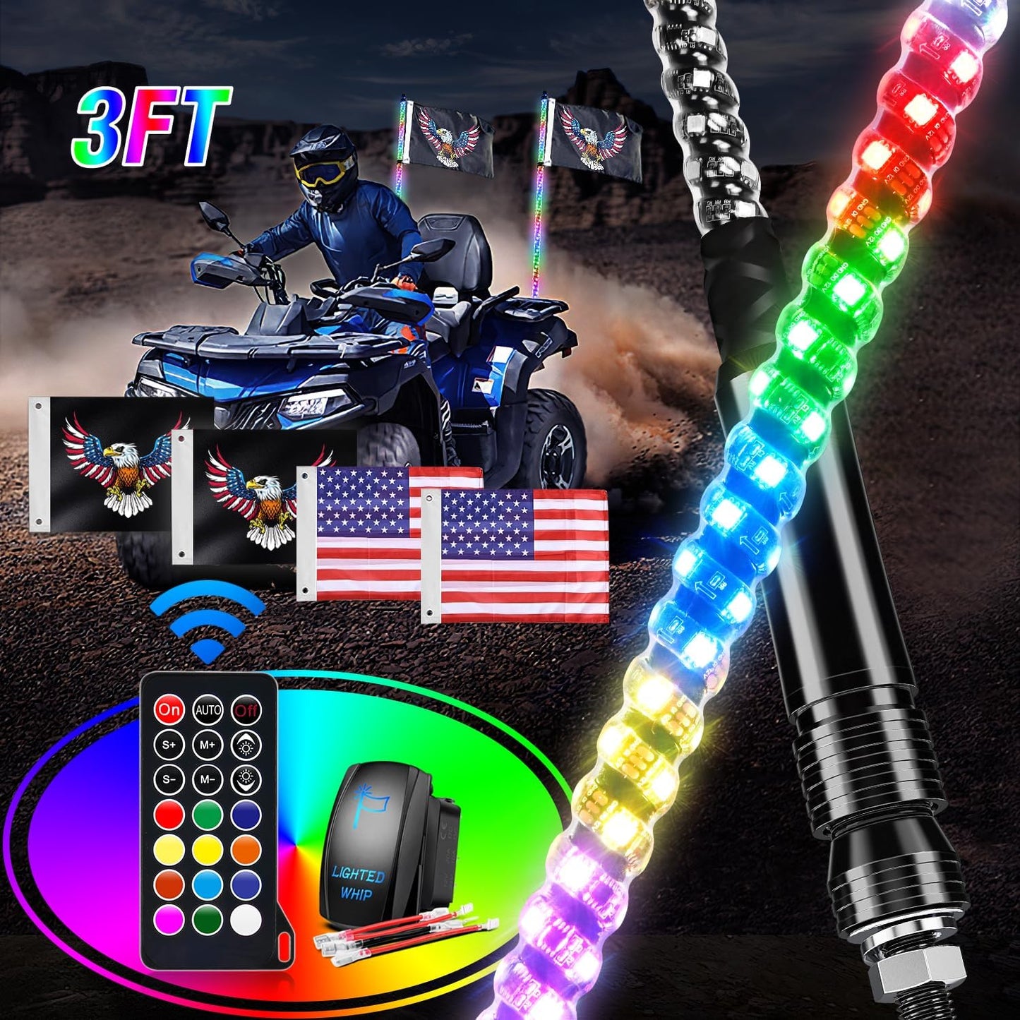 Waywe 2 PCS 3FT LED Whip Light Spiral RGB Chasing RF Remote Durable Lighted Whips w/ Rocker Switch LED Antenna for UTV ATV Truck Sand Rail Buggy Dune RZR Can-am