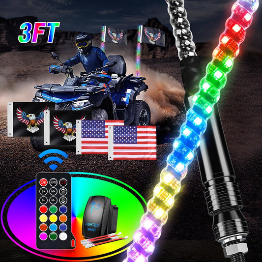 Waywe 2 PCS 3FT LED Whip Light Spiral RGB Chasing RF Remote Durable Lighted Whips w/ Rocker Switch LED Antenna for UTV ATV Truck Sand Rail Buggy Dune RZR Can-am