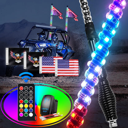 Waywe 2 PCS 6FT LED Whip Light with Spring Base Spiral RGB Chasing RF Remote Lighted Whips w/ Rocker Switch LED Antenna for UTV ATV Truck Sand Rail Buggy Dune RZR Can-am