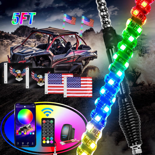 Waywe 2 PCS 5FT LED Whip Light with Spring Base Bluetooth App RF Remote Control Stop Turn Reverse Lights Antenna Whips for UTV ATV Truck Buggy Dune RZR Can-am