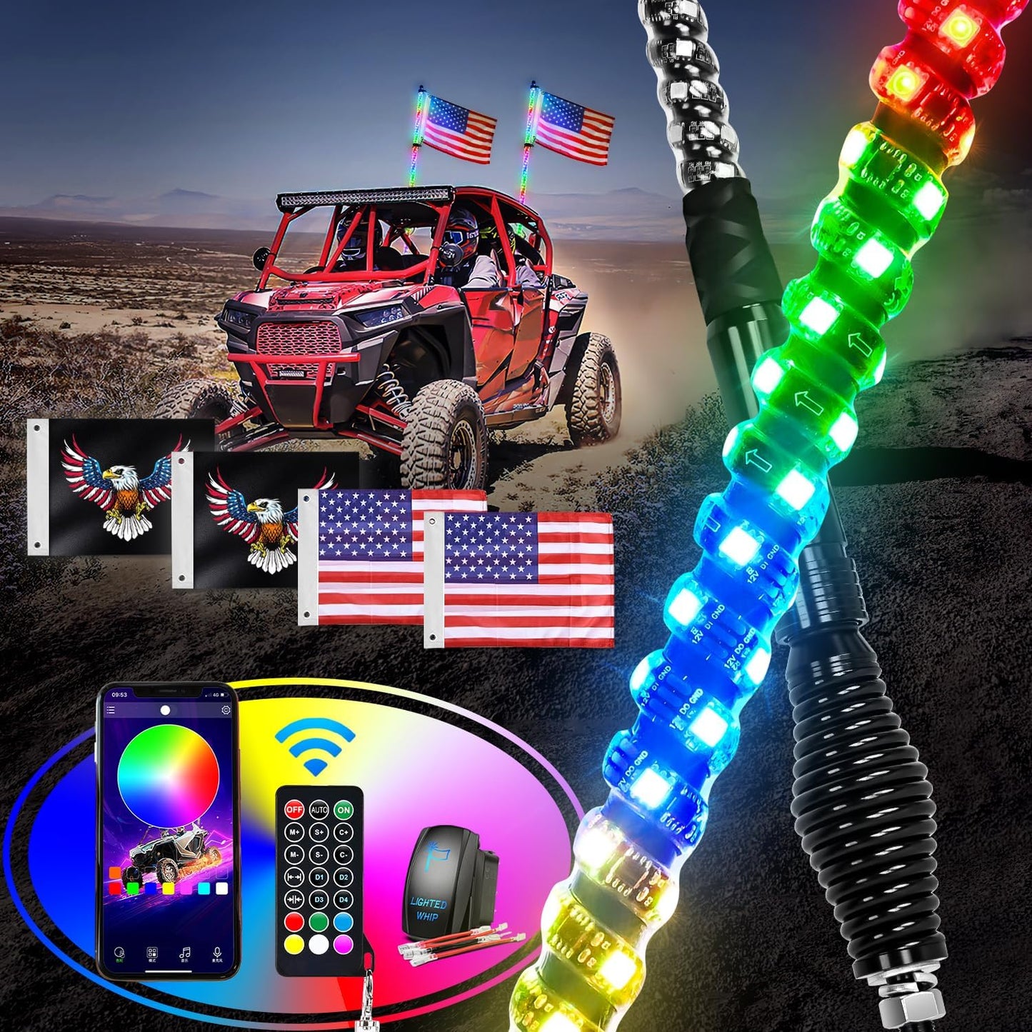 Waywe 2 PCS 3FT LED Whip Light with Spring Base Bluetooth App RF Remote Control Stop Turn Reverse Lights Antenna Whips for UTV ATV Truck Buggy Dune RZR Can-am