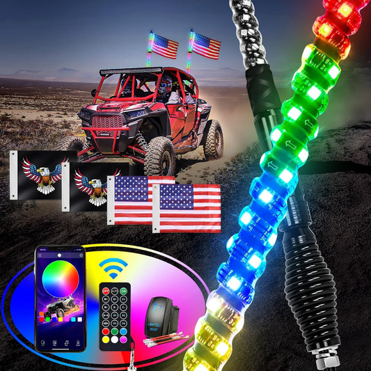 Waywe 2 PCS 3FT LED Whip Light with Spring Base Bluetooth App RF Remote Control Stop Turn Reverse Lights Antenna Whips for UTV ATV Truck Buggy Dune RZR Can-am