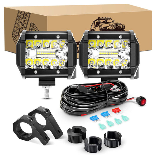 Waywe 2PCS 60W 4 Inch Triple Row LED Pods Fog Light Mounting Bracket Horizontal Bar Tube Clamp Driving Lighting with 16AWG Off Road Wiring Harness-2 Leads for Truck Golf Cart, Clear,White