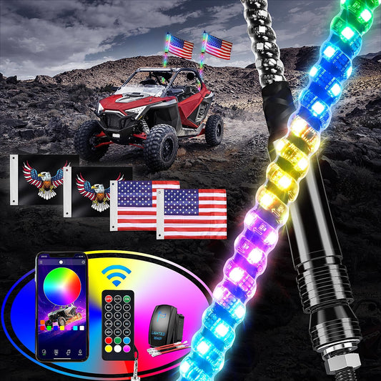 Waywe 2 PCS 6FT LED Whip Light Spiral RGB Chasing Bluetooth App RF Remote Control Stop Turn Reverse Lights Antenna Whips for UTV ATV Truck Buggy Dune RZR Can-am