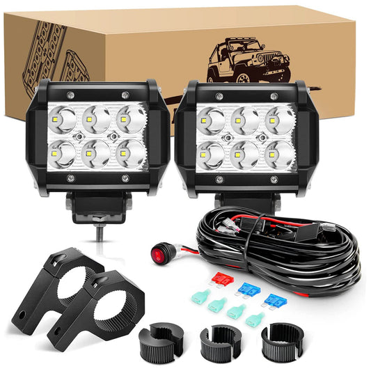 Waywe 2PCS 18W LED Pods Spot Light Bar Fog Light Mounting Bracket Horizontal Bar Tube Clamp with 16AWG Off Road Wiring Harness-2 Leads for Truck Golf Cart SUV ATV UTV Boat, White