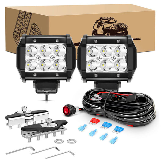 Waywe 2PCS 18W LED Pods Spot Light Bar Fog Light Universal Adjustable Pillar Hood Led Work Light with 16AWG Off Road Wiring Harness-2 Leads for Truck Golf Cart SUV ATV UTV Boat, White