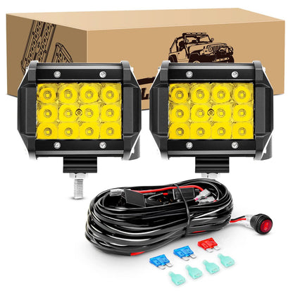 Waywe 2PCS 4" Amber LED Pods 36W Triple Row Flood Light Bar Fog Light 3600LM Driving Lighting with 16AWG Off Road Wiring Harness-2 Leads for Truck Golf Cart SUV ATV UTV Boat, Clear,Yellow