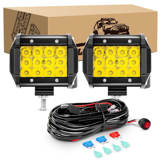 Waywe 2PCS 4" Amber LED Pods 36W Triple Row Flood Light Bar Fog Light 3600LM Driving Lighting with 16AWG Off Road Wiring Harness-2 Leads for Truck Golf Cart SUV ATV UTV Boat, Clear,Yellow