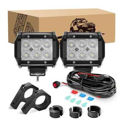 Waywe Led Light Pods 2PCS 4 Inch 18W Flood Light Offroad Lights LED Fog Lights Mounting Bracket Horizontal Bar Tube Clamp with Off Road Wiring Harness-2 Leads for Trucks Boat
