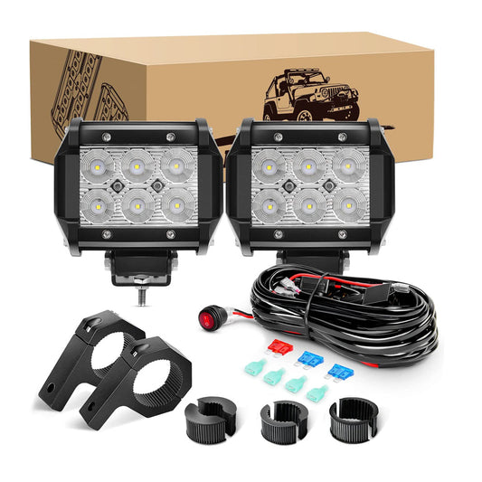 Waywe Led Light Pods 2PCS 4 Inch 18W Flood Light Offroad Lights LED Fog Lights Mounting Bracket Horizontal Bar Tube Clamp with Off Road Wiring Harness-2 Leads for Trucks Boat