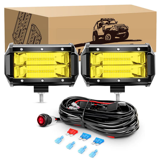 Waywe 2PCS 5 Inch Amber LED Pods 72W Flood Led Light Bar Fog Light 10800LM Driving Lighting with 16AWG Off Road Wiring Harness-2 Leads for Truck Golf Cart SUV ATV UTV Boat