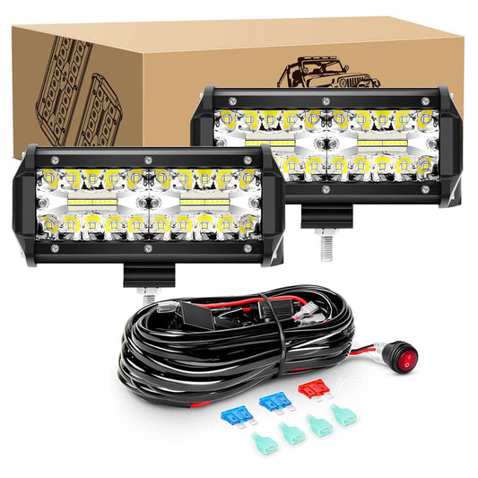 Waywe 2 Pcs 6.5 Inch 120W Flood Triple Row LED Pods with 16AWG 3Pin Wiring Harness-2 Leads
