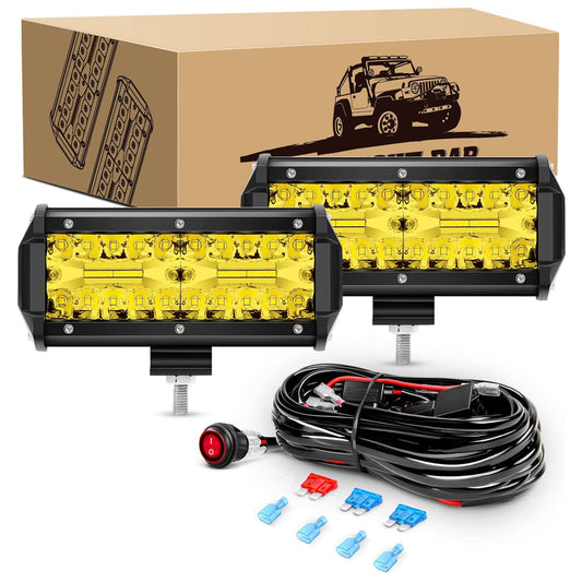 Waywe 2PCS 6.5 Inch Amber LED Pods 120W Triple Row Flood Light Bar Fog Light Driving Lighting with 16AWG Off Road Wiring Harness-2 Leads for Truck Golf Cart SUV ATV UTV Boat, Clear,Yellow