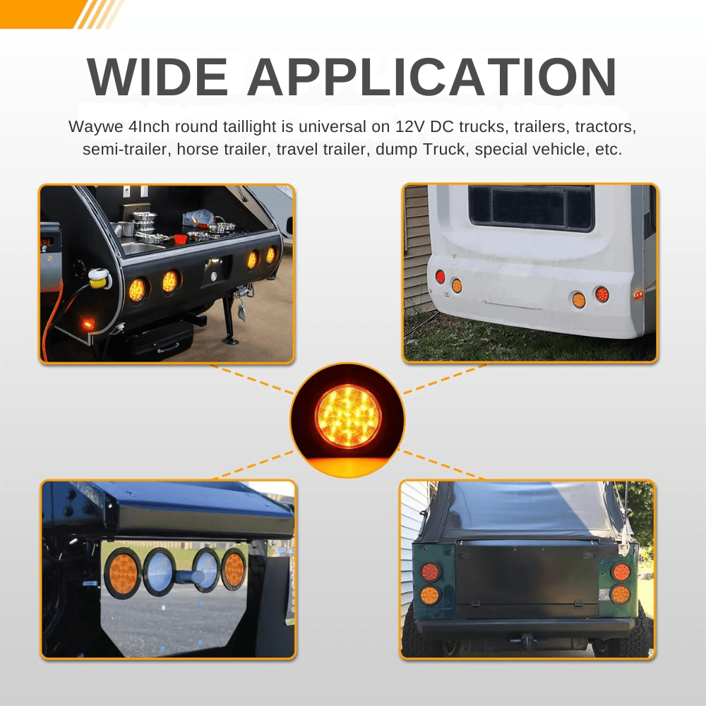 Waywe 4 Inch Round Trailer Tail Light 2 PCS 12 LED Amber Turn Signals Lights w/Surface Mount Grommets Plugs IP67 Waterproof for Truck RV Tractor