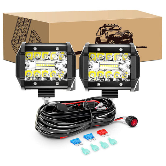 Waywe 2 Pcs 60W 4 Inch Triple Row Flood LED Pods with 16AWG 3Pin Wiring Harness-2 Leads