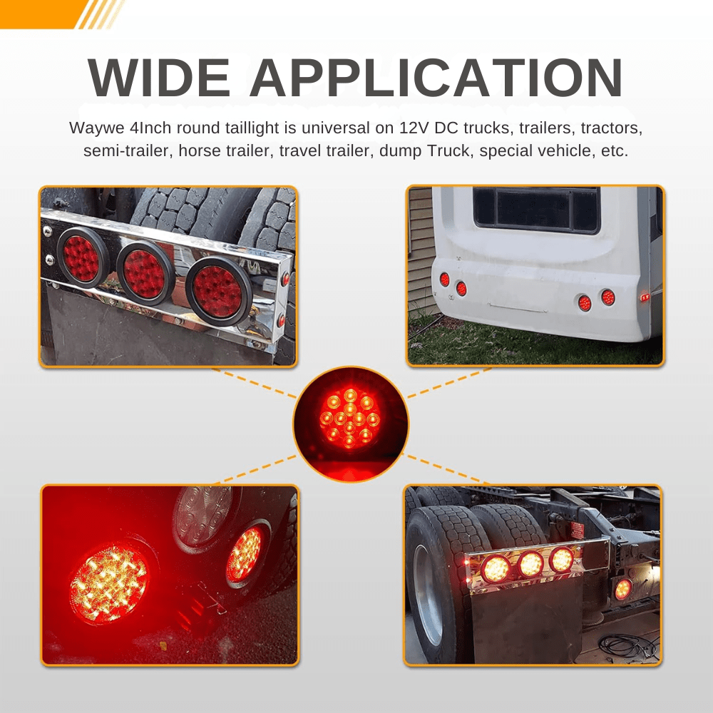 Waywe 4Inch Round Trailer Tail Light 4PCS 12LED Red Stop Brake Turn Signals Lights w/Surface Mount Grommets Plugs IP67 Waterproof for Truck RV Tractor