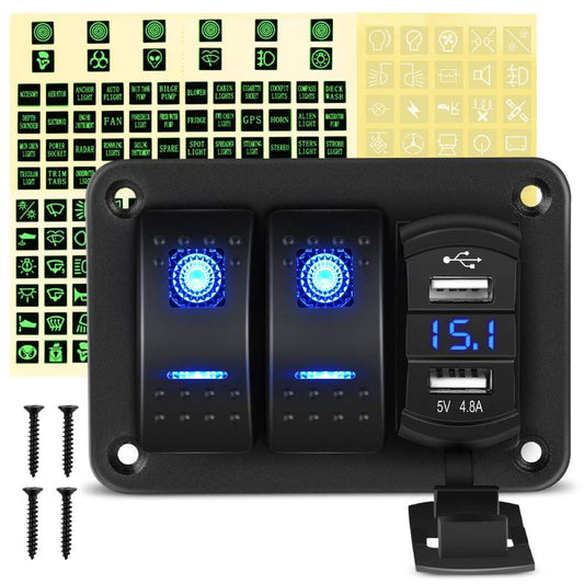 Waywe 2 Gang Aluminum Rocker Switch Panel Blue with 4.8 Amp Dual USB Charger Voltmeter