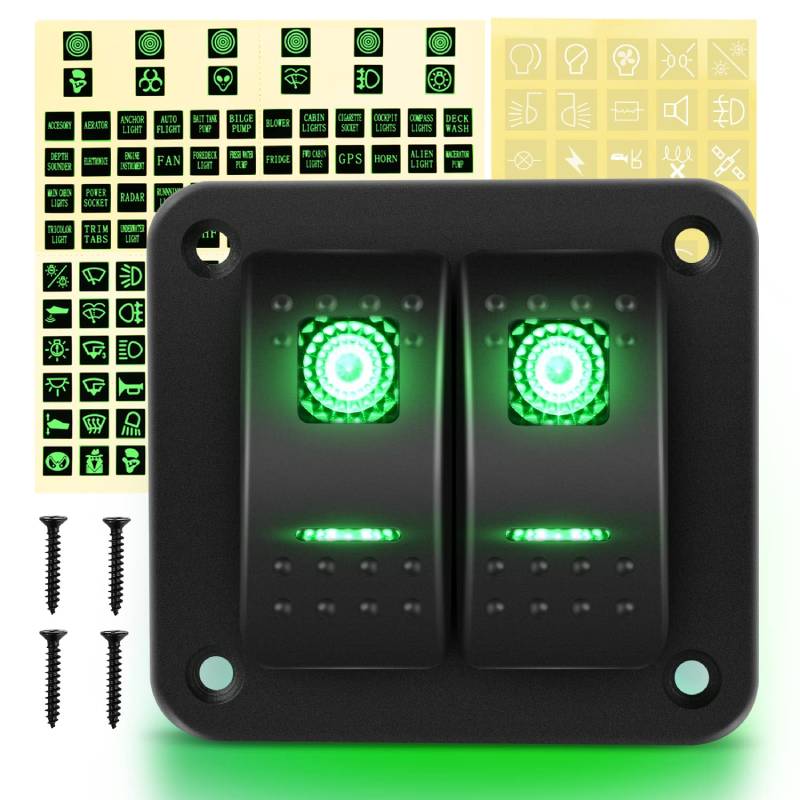 Waywe 2 Gang Rocker Switch Panel 12V 24V DC Green Switches Aluminum Pa