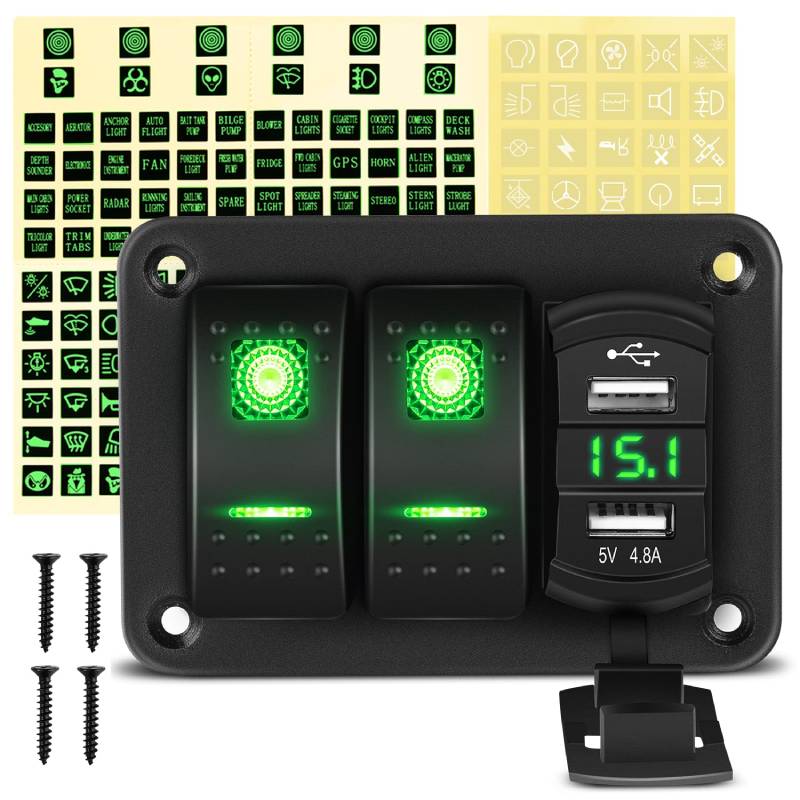 Waywe 2 Gang Rocker Switch Panel Green Backlit with 4.8 Amp Dual USB Charger Voltmeter Waterproof 12V 24V DC Rocker Switch  for Car Trucks Boats RVs