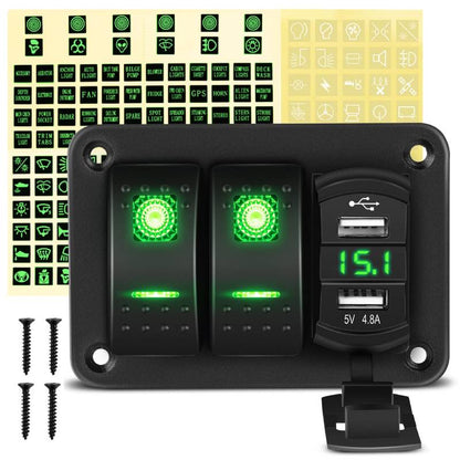 Waywe 2 Gang Rocker Switch Panel Green Backlit with 4.8 Amp Dual USB Charger Voltmeter Waterproof 12V 24V DC Rocker Switch  for Car Trucks Boats RVs
