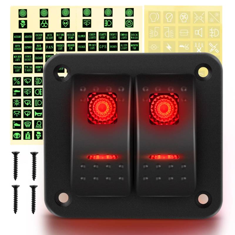 Waywe 2 Gang Rocker Switch Panel 12V 24V DC Red Switches Aluminum Panel 5Pin ON Off PreWired Toggle Switch Panel Waterproof for Cars Boats ATVs UTVs