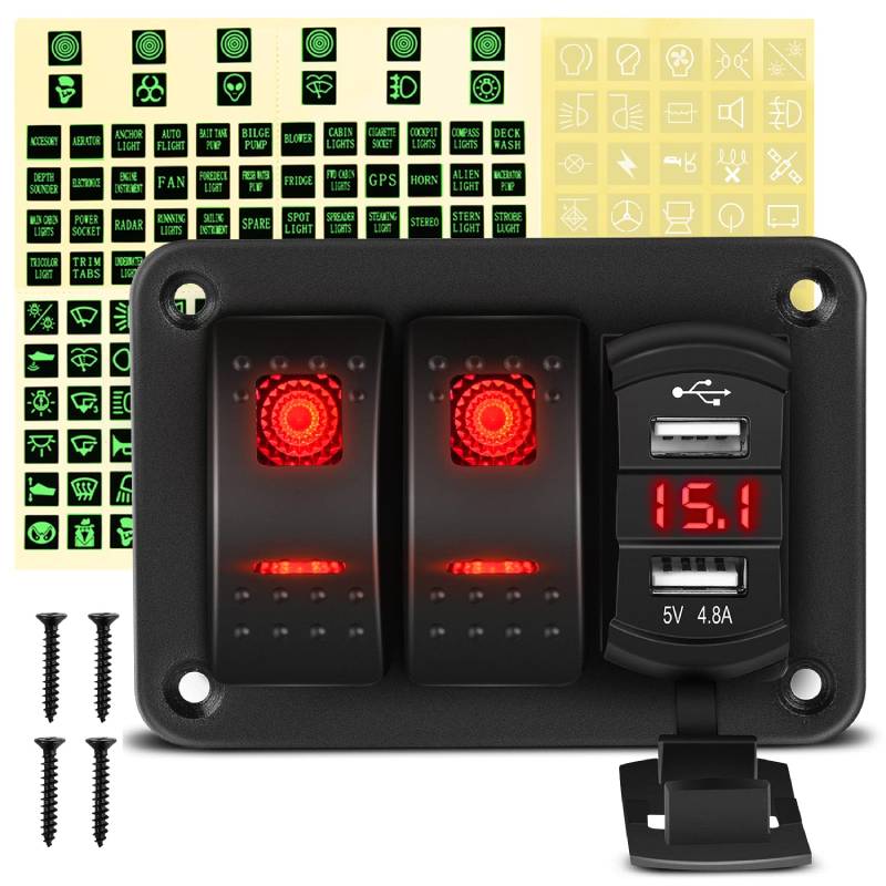 Waywe 2 Gang Rocker Switch Panel Red Backlit with 4.8 Amp Dual USB Charger Voltmeter Waterproof 12V 24V DC Rocker Switch  for Car Trucks Boats RVs