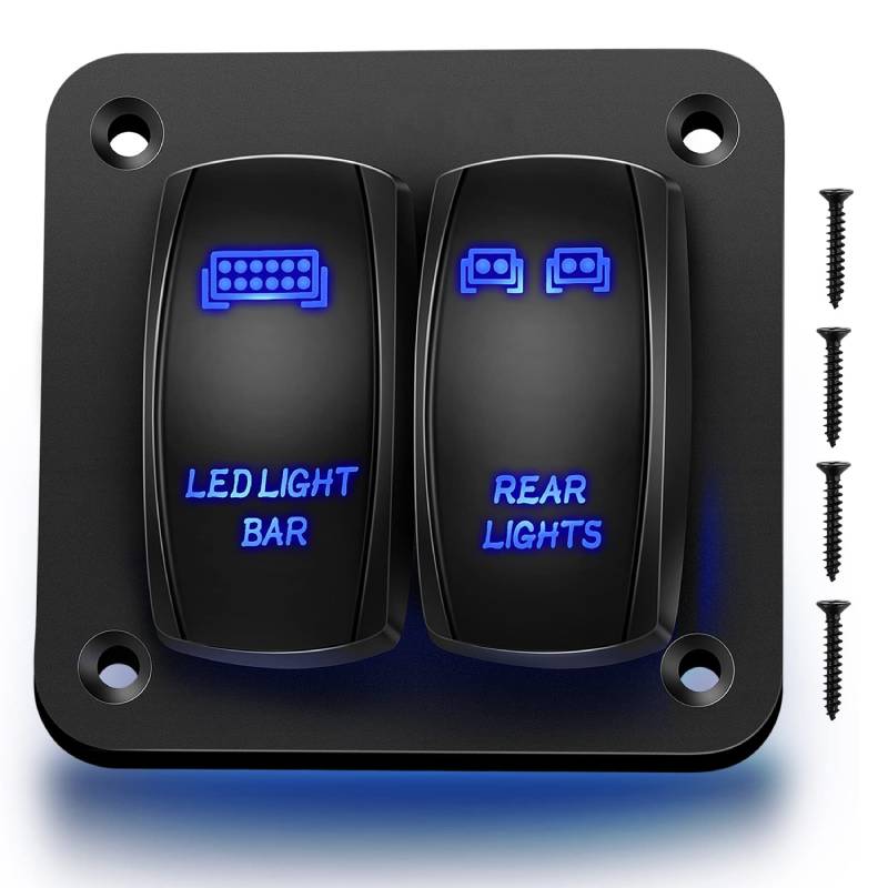Waywe 2 Gang Rocker Switch Panel LED Light Bar Switch Rear Lights Switch 12 24V DC Blue Switches 5Pin ON Off Pre-Wired Toggle Switch Panel for Cars ATVs UTVs