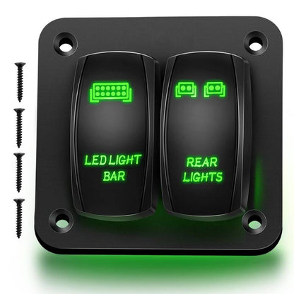 Waywe 2 Gang Rocker Switch Panel LED Light Bar Switch Rear Lights Switch 12 24V DC Green Switches 5Pin ON Off Pre-Wired Toggle Switch Panel for Cars ATVs UTVs