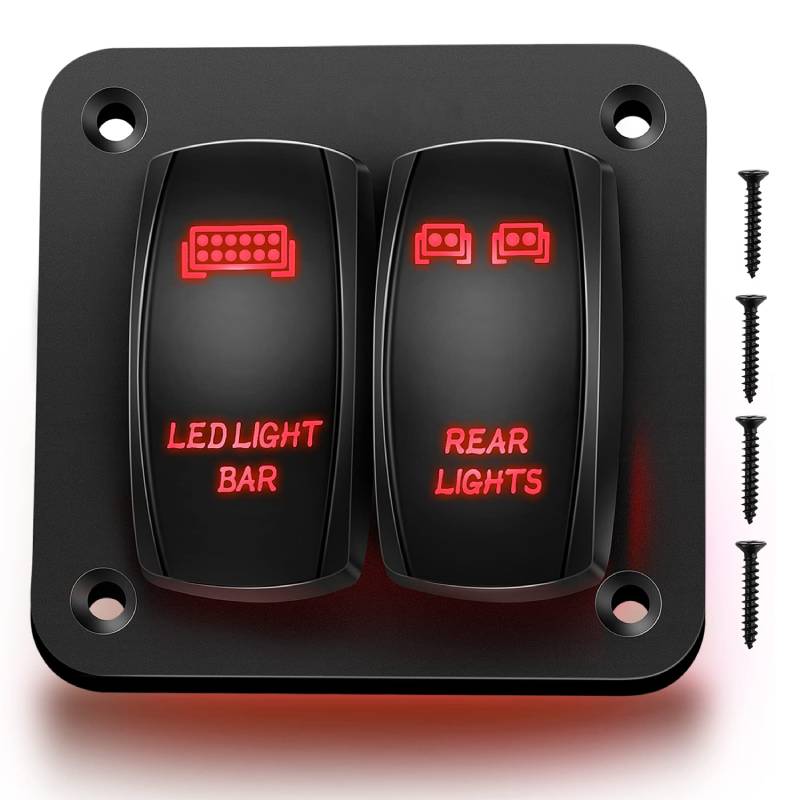 Waywe 2 Gang Rocker Switch Panel LED Light Bar Switch Rear Lights Switch 12 24V DC Red Switches 5Pin ON Off Pre-Wired Toggle Switch Panel for Cars ATVs UTVs