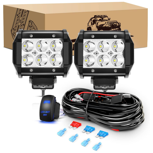 Waywe 2PCS 18W LED Pods Spot Light Bar Fog Light Driving Lighting with 12V 5Pin Rocker Switch Off Road Wiring Harness-2 Leads for Truck Golf Cart SUV ATV UTV Boat