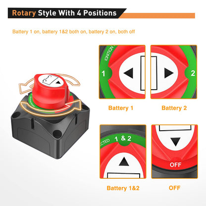 Waywe 1-2-Both-Off Battery Switch 12V 48V Disconnect Master Cutoff Switches Waterproof Heavy Duty Isolator for Marine Boat Car RV ATV UTV Vehicle