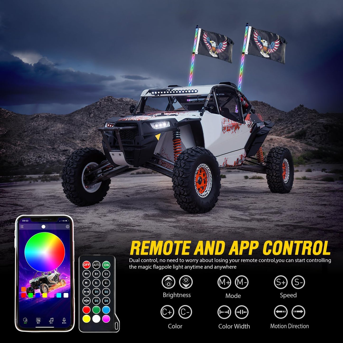 Waywe 2 PCS 5FT LED Whip Light with Spring Base Bluetooth App RF Remote Control Stop Turn Reverse Lights Antenna Whips for UTV ATV Truck Buggy Dune RZR Can-am