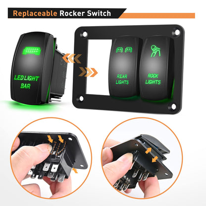 Waywe 3 Gang Rocker Switch Panel Aluminum 5 Pin ON Off Toggle Switch Panel LED Light Bar Switch SPST 12V 24V Green Switches for Marine Boats Cars ATVs UTVs