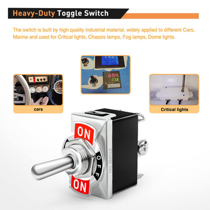 Waywe 5 Pack 6Pin Heavy Duty Rocker Toggle Switch 15A 250V 20A 125V DPDT 6 Pin ON Off ON Switch Metal Bat Waterproof Boot Cap Cover