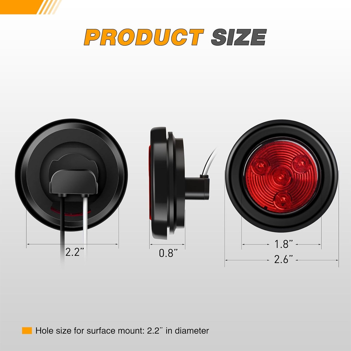 Waywe 2Inch Round Side Marker Light 5PCS Red 4LED Front Rear Clearance Indicator Lights Flush Mount with Plug Grommet Pigtail Hardwired for Truck Camper RV Boat Trailer