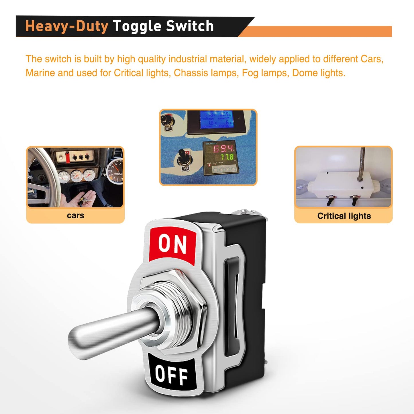 Waywe Heavy Duty Rocker Toggle 15A 250V 20A 125V SPST 2Pin ON Off Switch Metal Bat Waterproof Boot Cap Cover-5 Pack